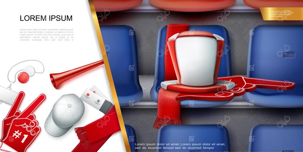 ترکیب لوازم طرفداران واقعی فوتبال با نشان، ووووزلا، کلاه، بلیط، شال، دستکش فومی و کلاه سیلندری در صندلی‌های ورزشگاه فوتبال - تصویرسازی