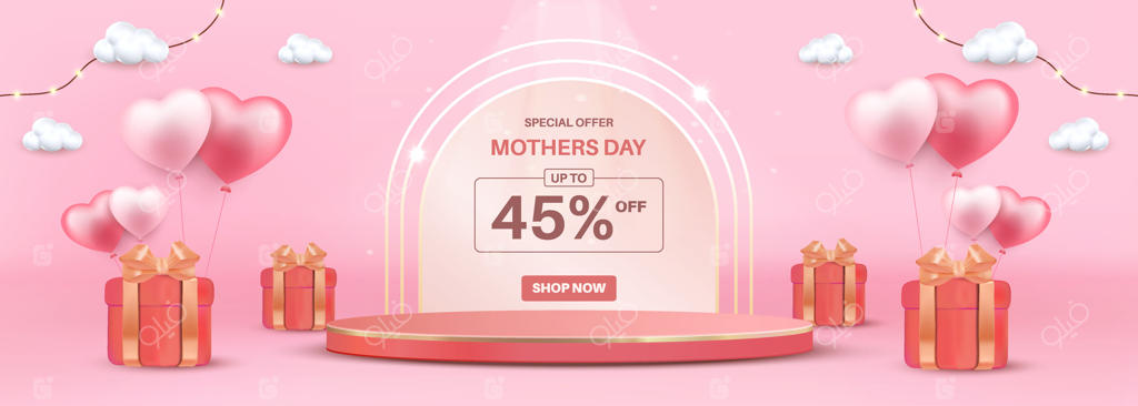 بنر شیک ویژه فروش روز مادر با بادکنک‌های قلبی صورتی و جعبه‌های هدیه