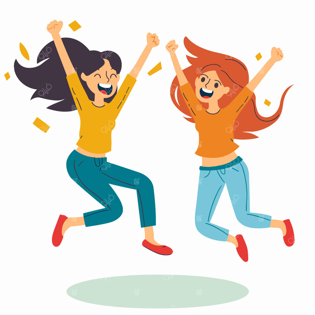 دو شخصیت کارتونی زن در حال جشن گرفتن و پریدن از خوشحالی در میان کاغذهای رنگی