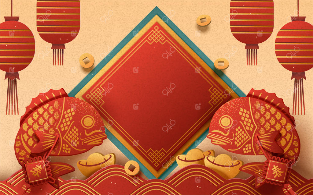 طراحی سال نو مبارک با ماهی‌های جهنده در سبک هنر کاغذی، جفت‌نوشته‌های بهاری برای طراحی