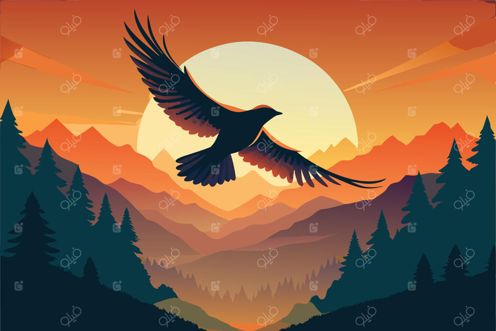 پرنده‌ای در حال پرواز بر فراز رشته‌کوه‌های پوشیده از درختان در غروب خورشید