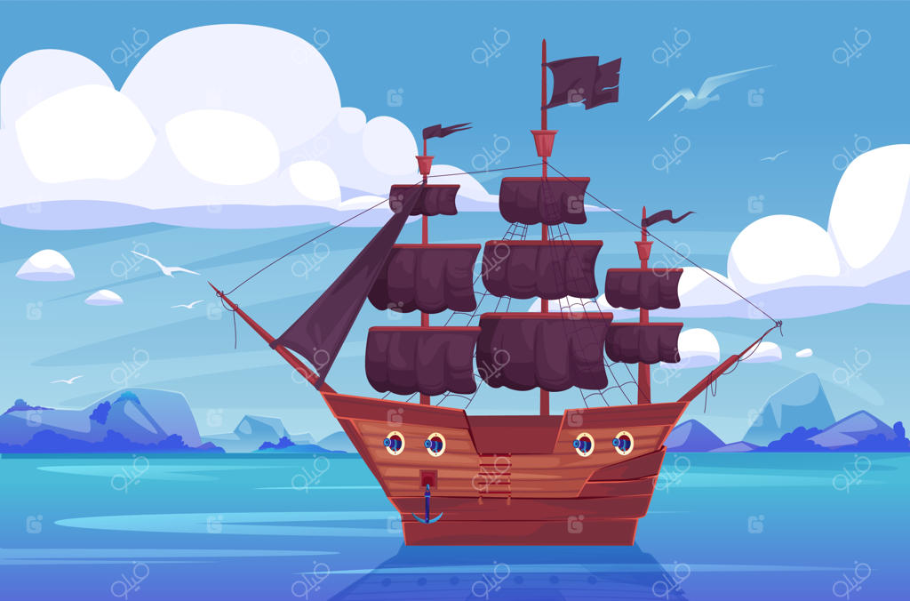 کشتی دزدان دریایی کارتونی در دریا یا اقیانوس در حال حرکت