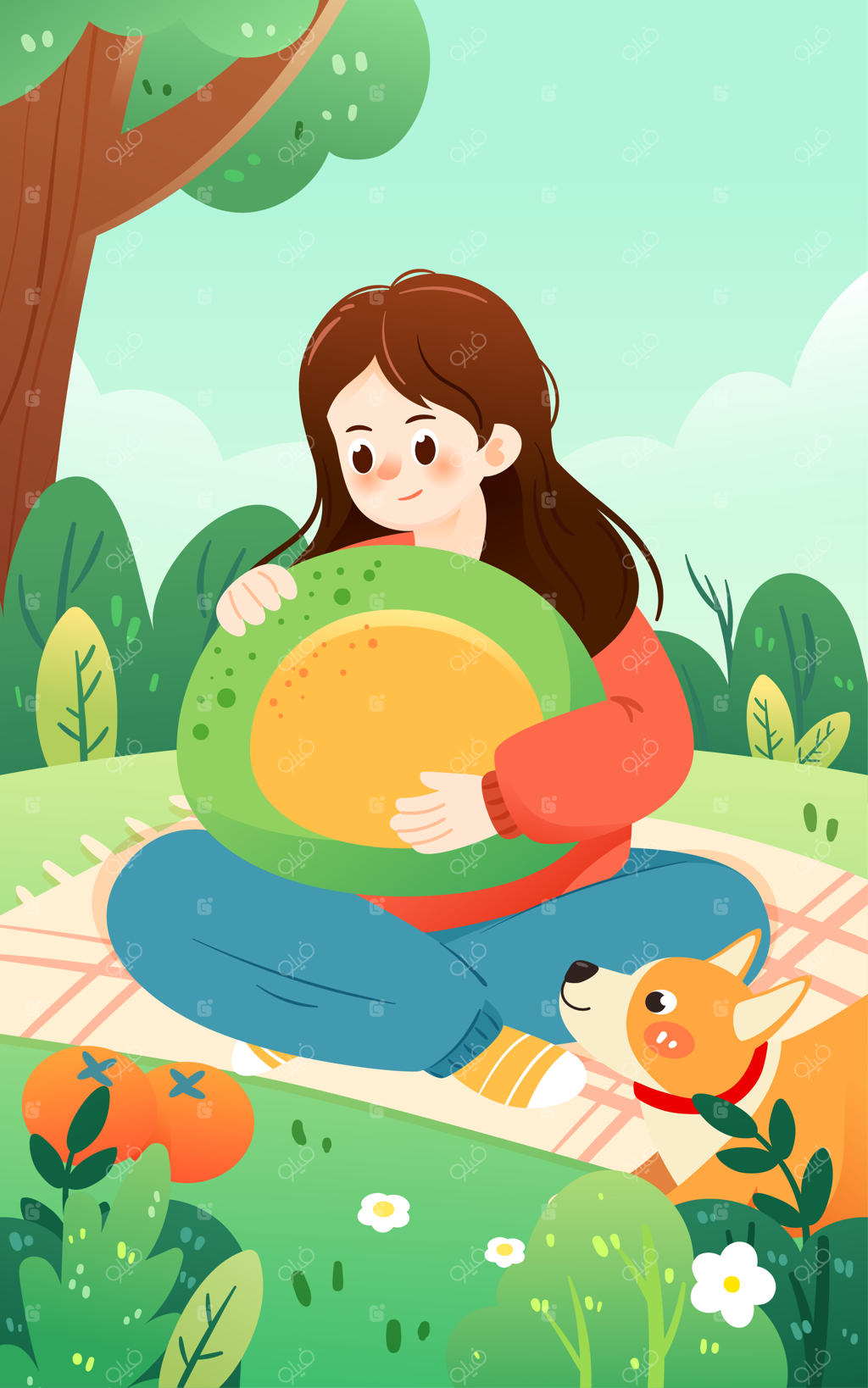 دختر در حال نگه‌داری غذا در پیک‌نیک با گیاهان بهاری مختلف در پس‌زمینه - تصویرسازی وکتور بهاری