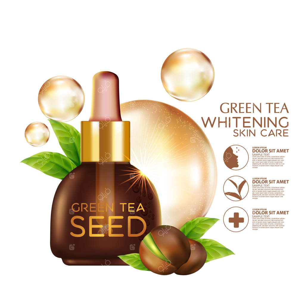 تصویرسازی واقعی از لوازم آرایشی مراقبت پوستی با روغن دانه چای سبز