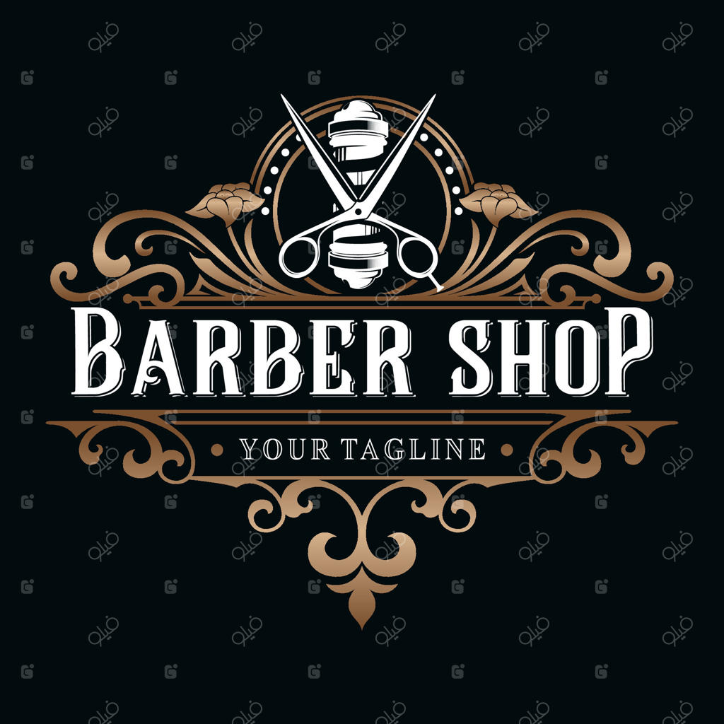 لوگوی آرایشگاه: قیچی و میله آرایشگری با تزئینات