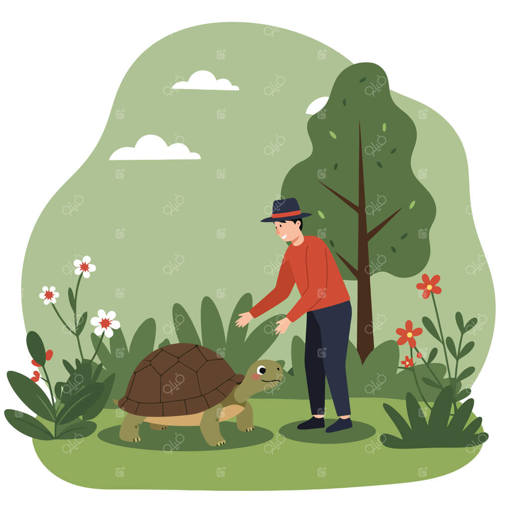 مردی در حال نزدیک شدن به لاک‌پشتی در باغی پر از گل و درخت