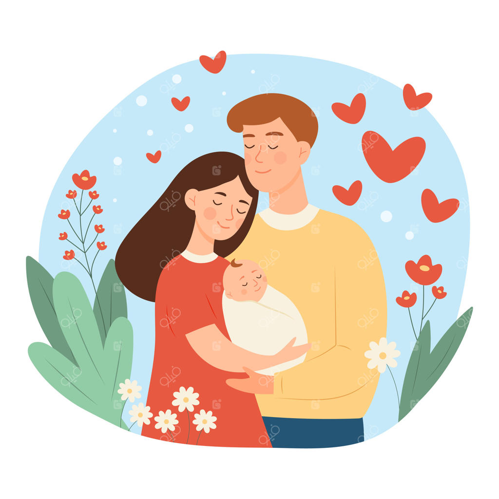 والدین خوشبخت نوزادشان را در آغوش می‌گیرند. زن و شوهر به همراه نوزادشان با گل‌ها و قلب‌های اطرافشان