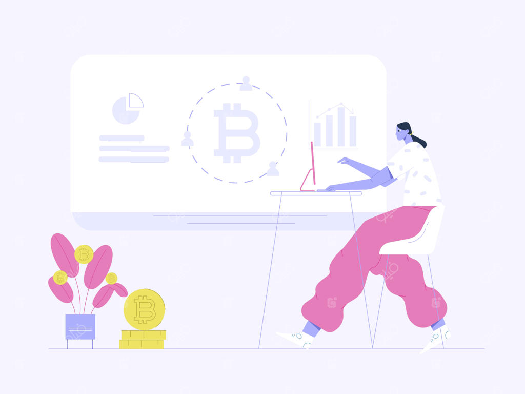 زنی با کامپیوتر و بررسی سود بیت‌کوین (تصویرسازی تخت)