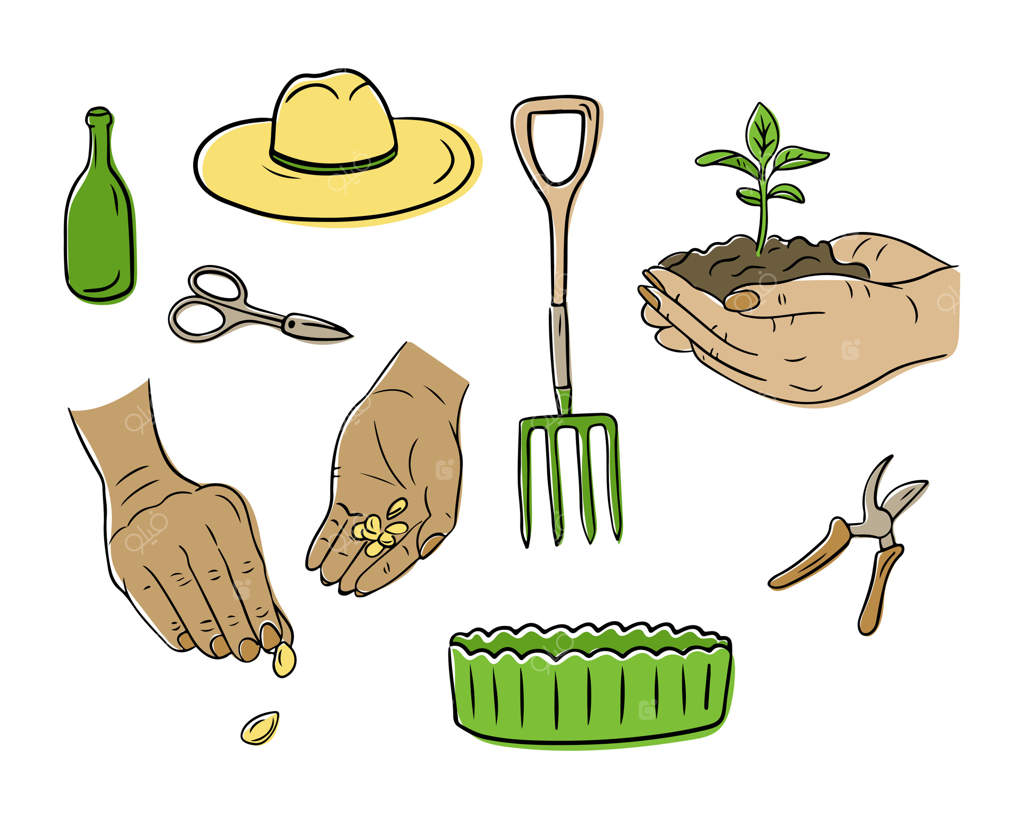 عناصر دست‌کشیده باغبانی شامل کاشت بذر با دست، نهال‌، ابزارها، کلاه و لوازم جانبی باغ در سبک نقاشی رنگارنگ