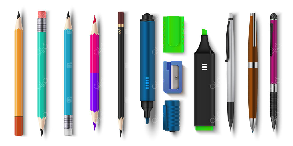 خودکار و مدادهای واقع‌گرایانه؛ لوازم تحریر سه‌بعدی مدرسه و اداری، ماژیک قلم‌مویی و مدادهای تراشیده‌شده