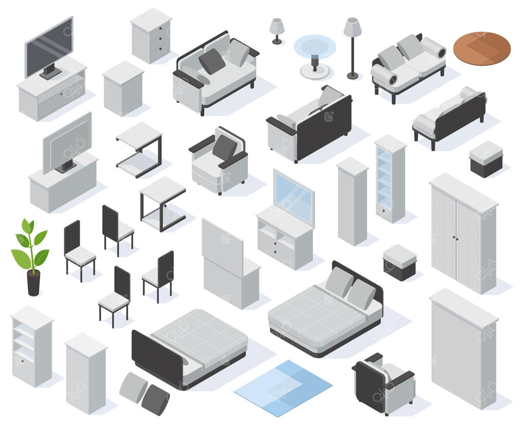 مبلمان خانگی ایزومتریک، عناصر داخلی اتاق خواب و نشیمن؛ مجموعه تصویرسازی کمد لباس، تخت‌خواب و کاناپه. اثاثیه مدرن آپارتمان