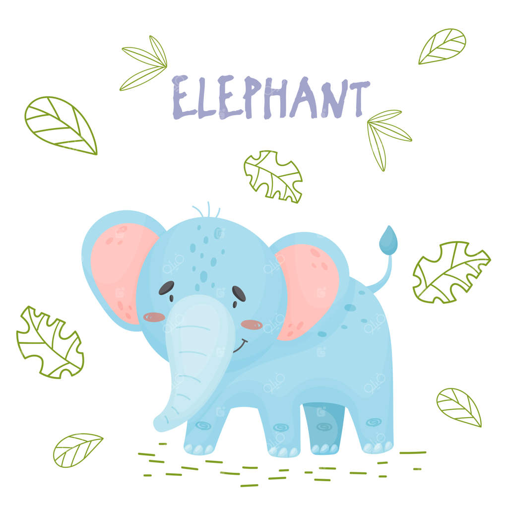 پوستر با فیل کارتونی بانمک در جنگل - مناسب برای کارت پستال و تی‌شرت، بر روی زمینه سفید