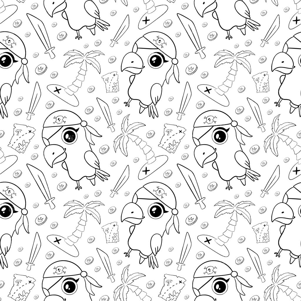 الگوی یکپارچه حیوانات دزدان دریایی کارتونی زیبا. الگوی طوطی دزدان دریایی نقاشی دستی. صفحه رنگ‌آمیزی طوطی دزد دریایی