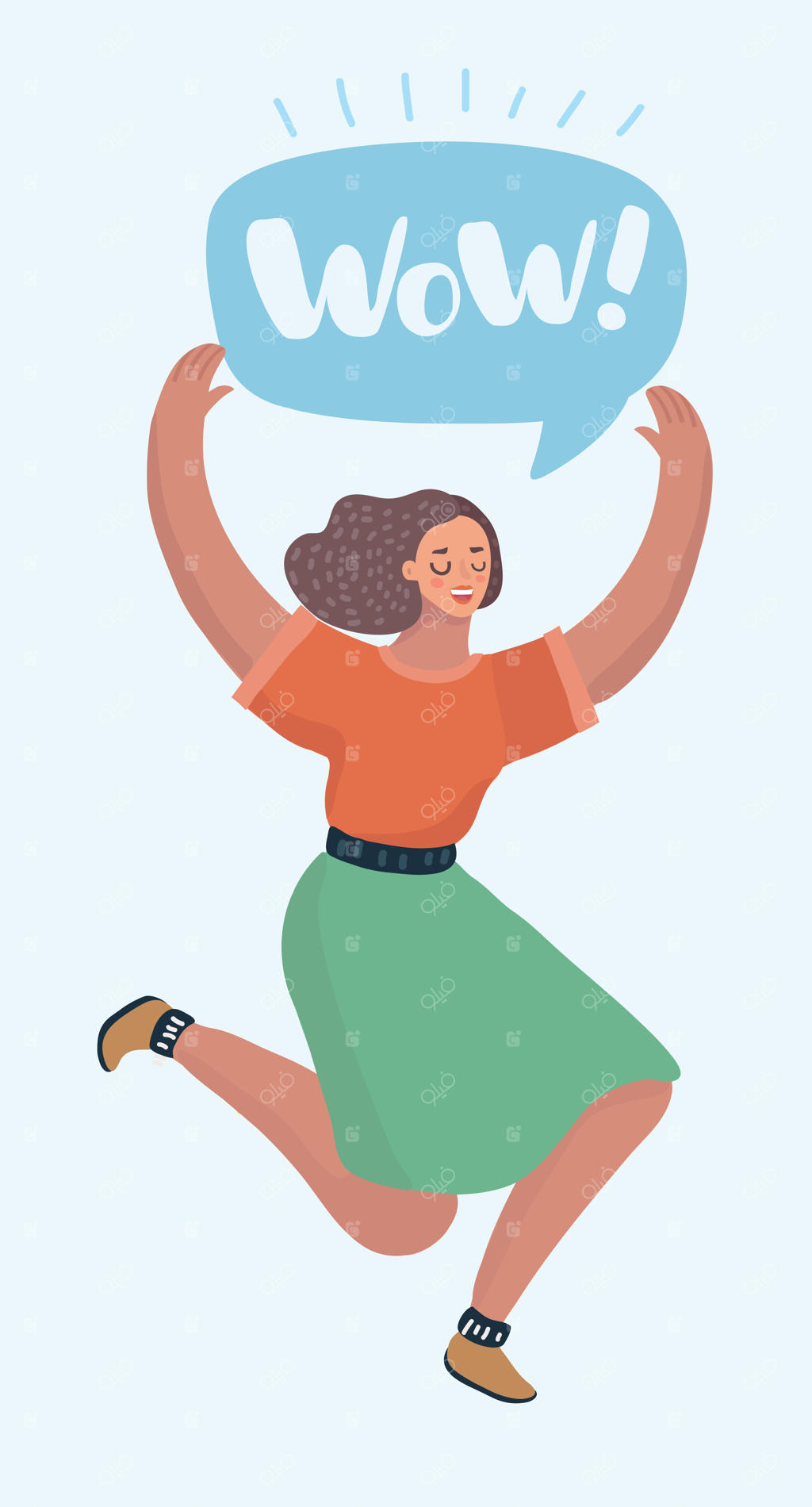 تصویرسازی وکتور کارتونی از یک زن مدرن در حال پریدن و جشن گرفتن موفقیت یا غافلگیری، همراه با حباب گفت‌وگو در پس‌زمینه سفید.