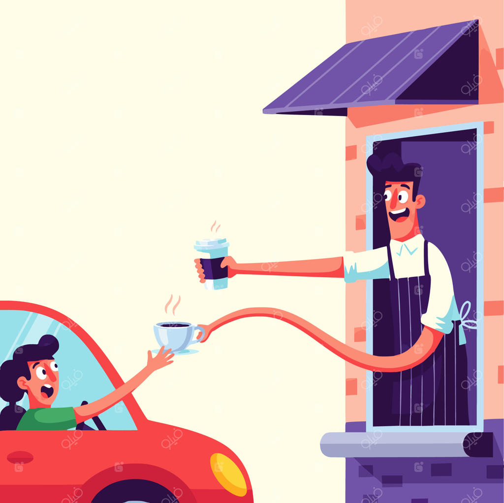 مردی کارتونی در حال دادن قهوه به زنی در ماشین