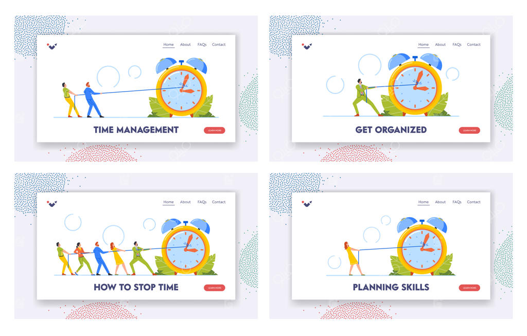 پترن صفحه فرود مدیریت زمان ضرب‌الاجل: کارگران کوچک عقربه‌های ساعت عظیم را با طناب جابجا می‌کنند