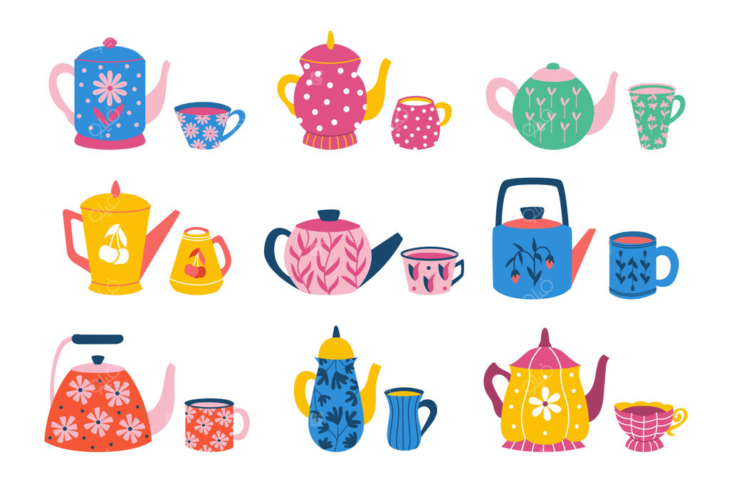 مجموعه‌ای بامزه از فنجان‌ها و قوری‌های کارتونی برای قهوه و چای