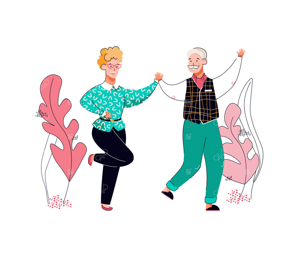 کارتون وکتوری زوج پیر در حال رقصیدن، تصویر جدا شده.