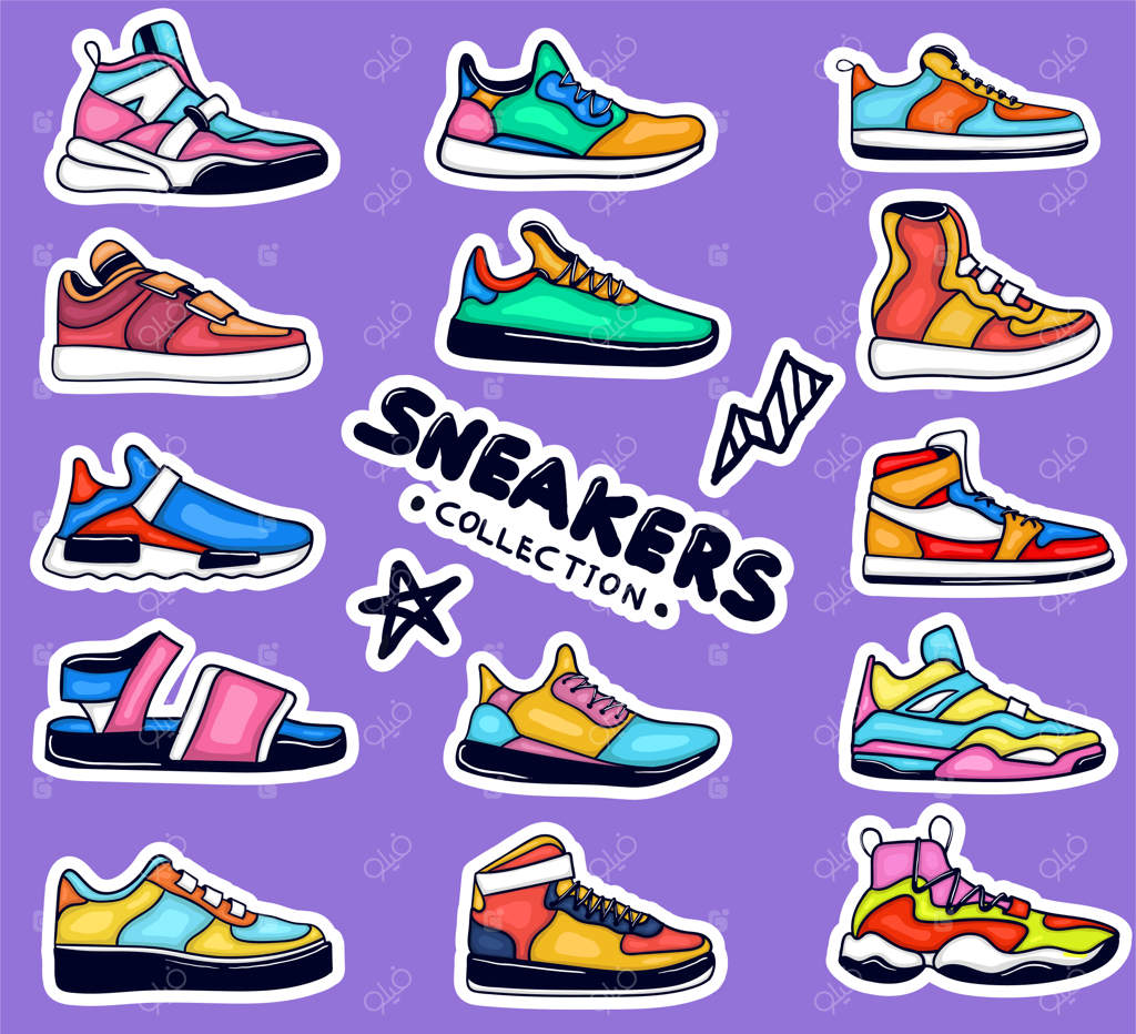 مجموعه استیکرهای نقاشی‌شده کفش‌های کتانی رنگارنگ