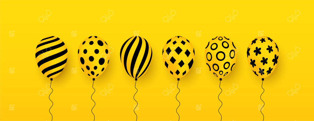 مجموعه‌ای از بادکنک‌ها با طرح‌های متنوع برای تزیین جشن تولد بر روی پس‌زمینه زرد