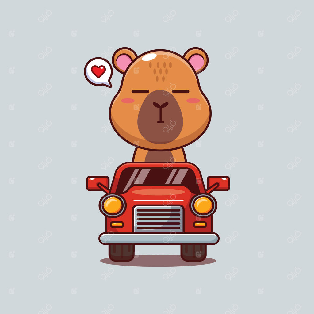 تصویر کارتون شخصیت بامزه کاپی‌بارا سوار بر ماشین