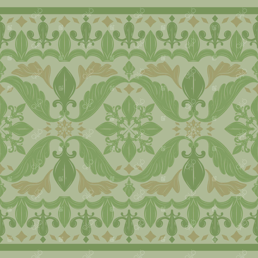 پترن یکپارچه باغ گلزار نفیس با سبک‌های لوکس بوتانیک در تنالیته‌های زیتونی سبز و طلایی. طراحی شکوه و ثروت سلطنتی برای کاغذ دیواری و پارچه‌های داخلی، فرش و لباس‌ها