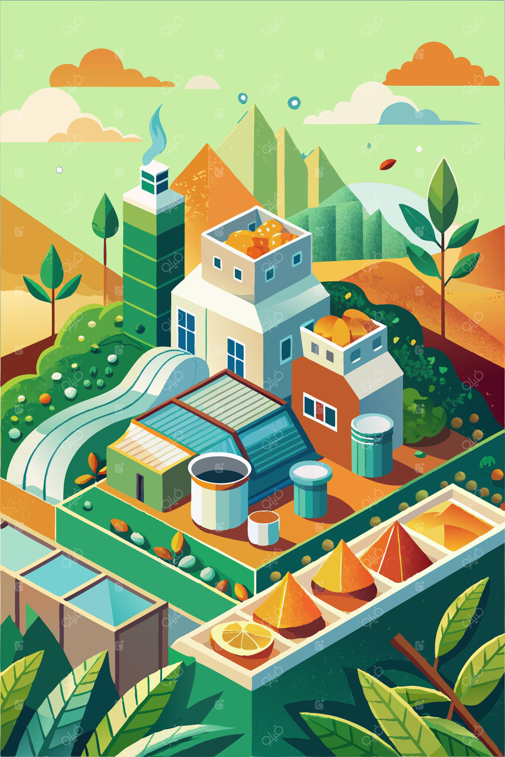 نمای ایزومتریک کارخانه در فضای شهری سرسبز با درختان