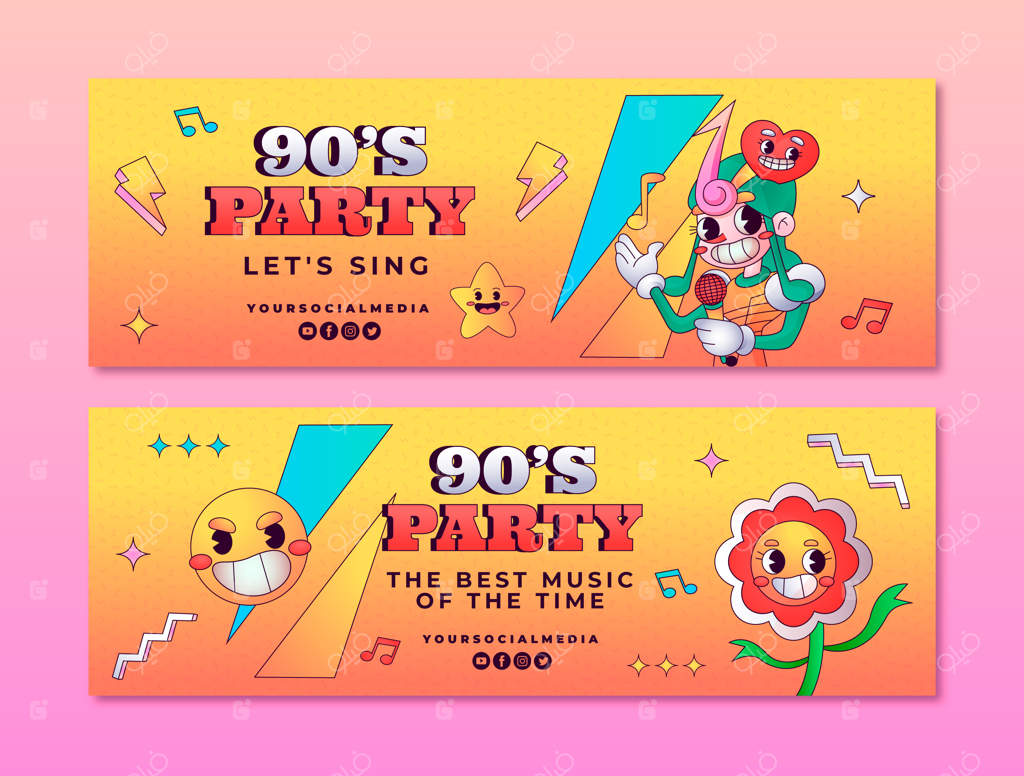 پک بنرهای افقی مهمانی کارتونی دهه ۹۰ با تم گرادینت