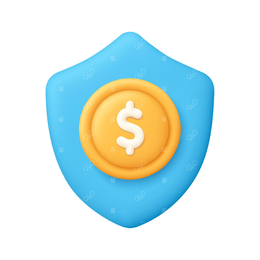 سپر آبی و سکه طلایی با علامت دلار: ایمنی و حفاظت از پول، پرداخت امن، بیمه، مفهوم تجارت و مالی. آیکون سه‌بعدی به سبک کارتونی و مینیمال.