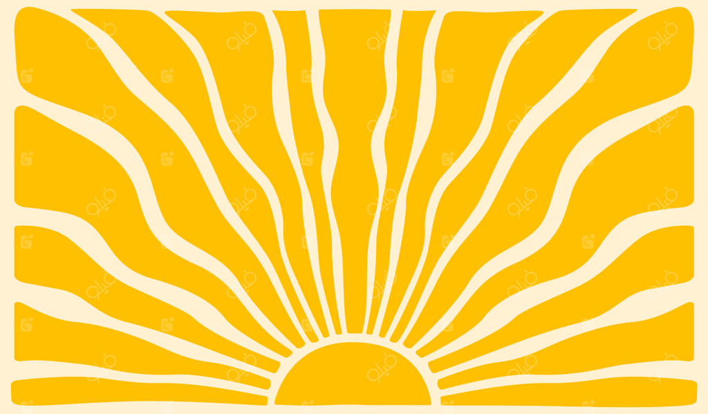 پوستر افقی با طرح تابش خورشید زرد و استایل هیپی، رترو و بوهو