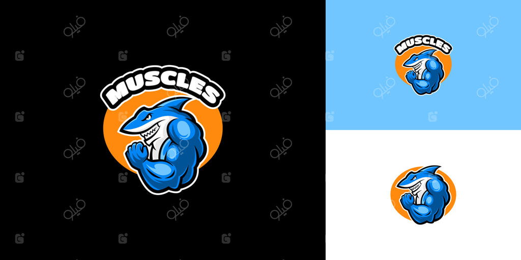 لوگوی کوسه عضلانی و پویا برای برندینگ فیتنس