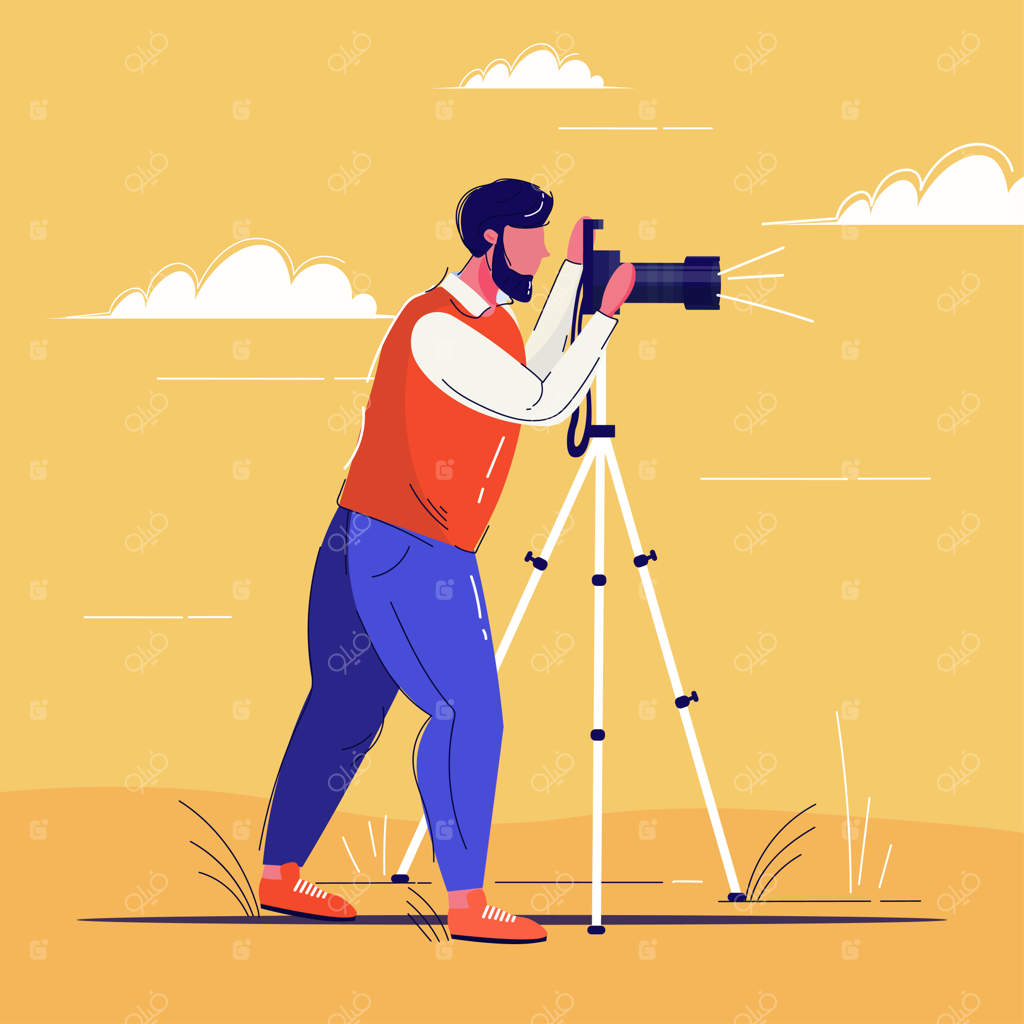 عکاس حرفه‌ای در حال گرفتن عکس از مرد با دوربین دیجیتال DSLR بر روی سه‌پایه