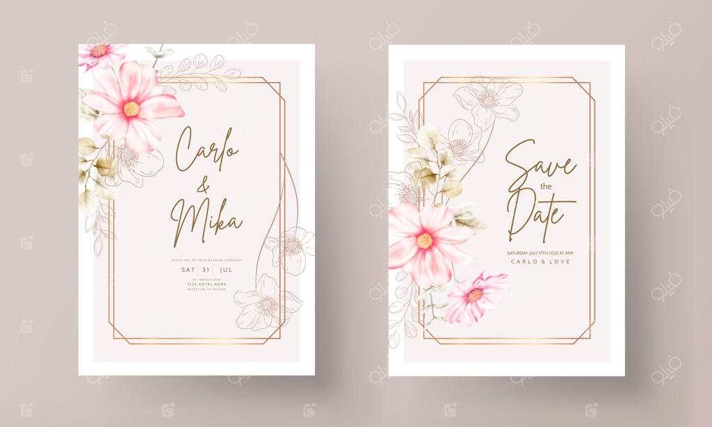 قالب کارت دعوت با گل‌های صورتی زیبا و طرح‌های طلایی گلدار