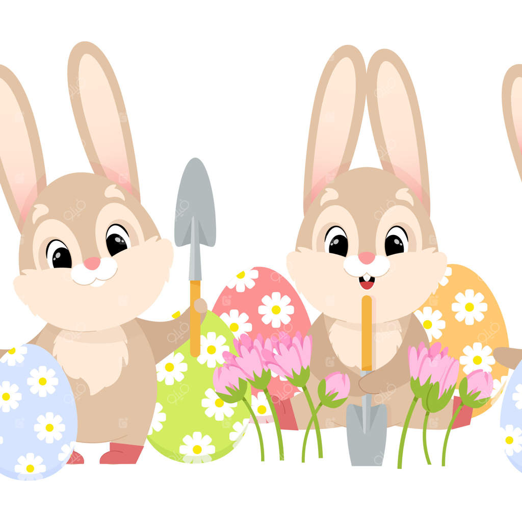 باغبانان خرگوشی بامزه عید پاک با گل‌ها و تخم‌مرغ‌ها در حاشیه بی‌پایان