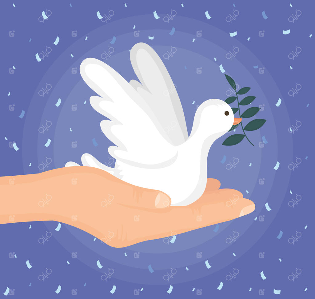 دستی که کبوتر در حال پرواز با شاخه زیتون را بالا برده است