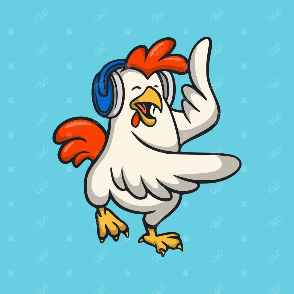 طراحی کاراکتر حیوان کارتونی: خروس موسیقی‌گوش کن به عنوان لوگوی بامزهٔ نمادین