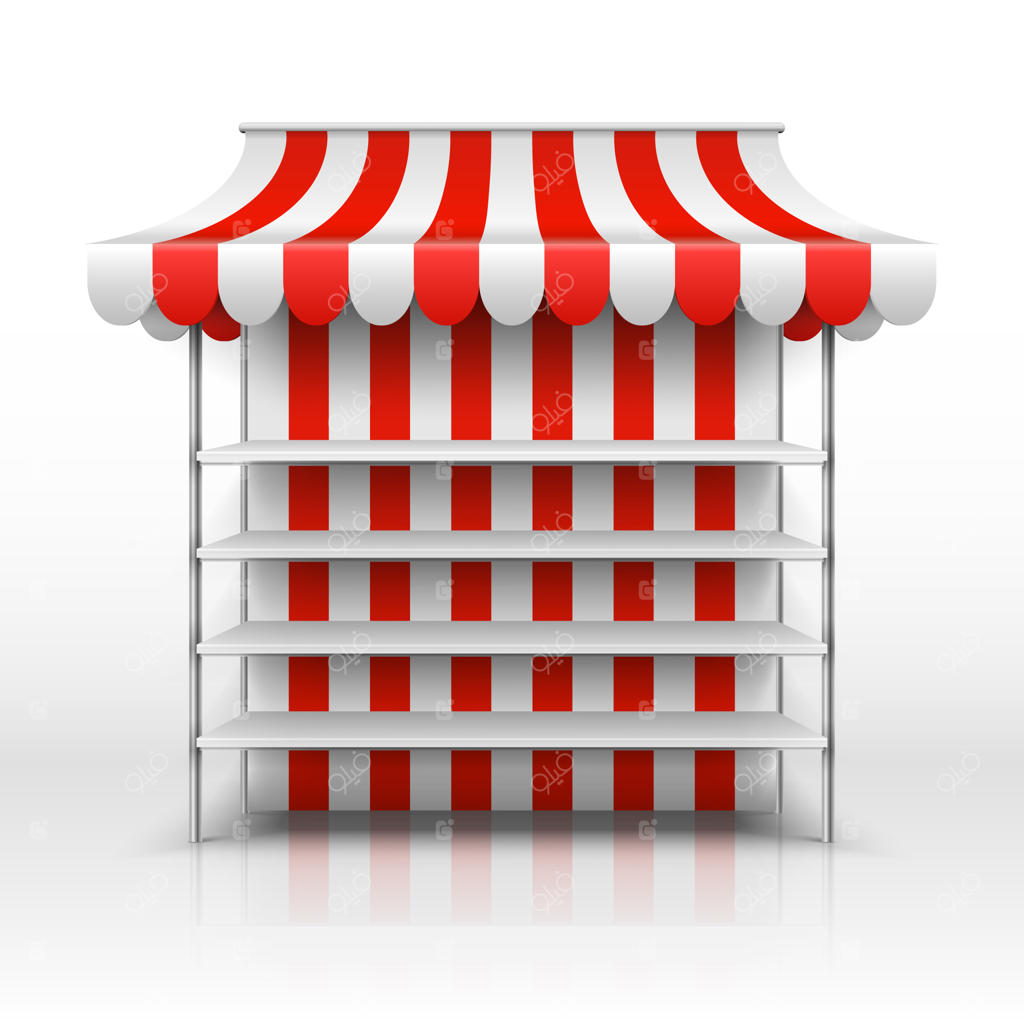 دکه بازار خالی: طرح وکتور سایبان راه‌راه دکه. تصویر دکه بازار با سایبان، فروشگاه و مغازه در خیابان