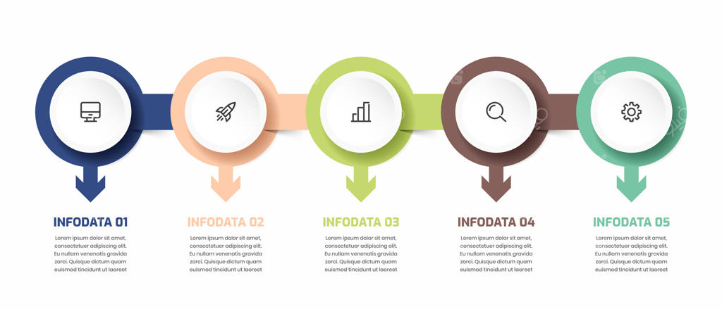 قالب اینفوگرافیک کسب‌وکار با آیکون دایره‌ای به شکل فلش و ۵ گزینه برای ارائه