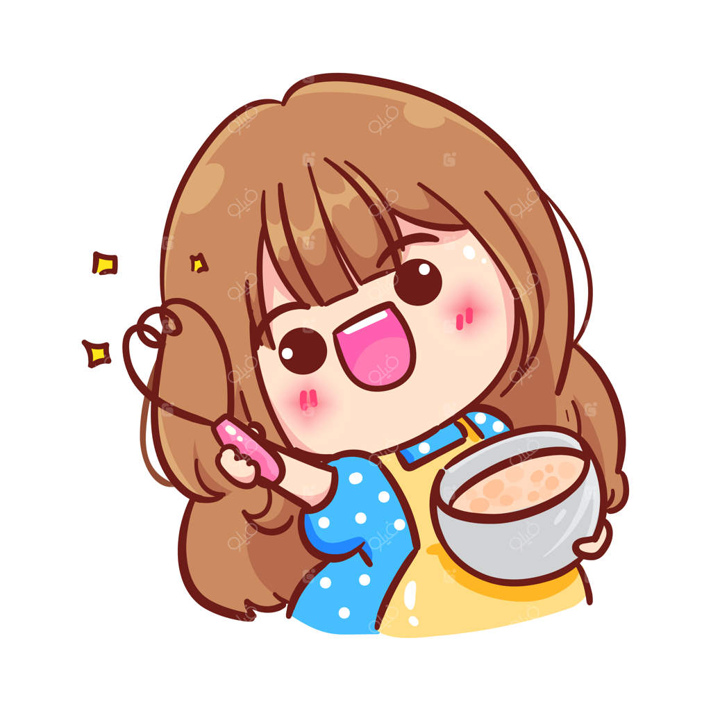 دختر شاد با لوازم پخت کیک، نانوا، نانوایی، سرآشپز بامزه، غذای شیرین - تصویرسازی کارتونی طراحی دستی