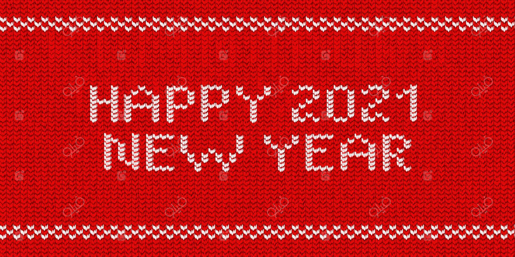 لوگوی تایپوگرافی بافتنی واقعی برای سال نو ۲۰۲۱ با پس‌زمینه قرمز ژاکت