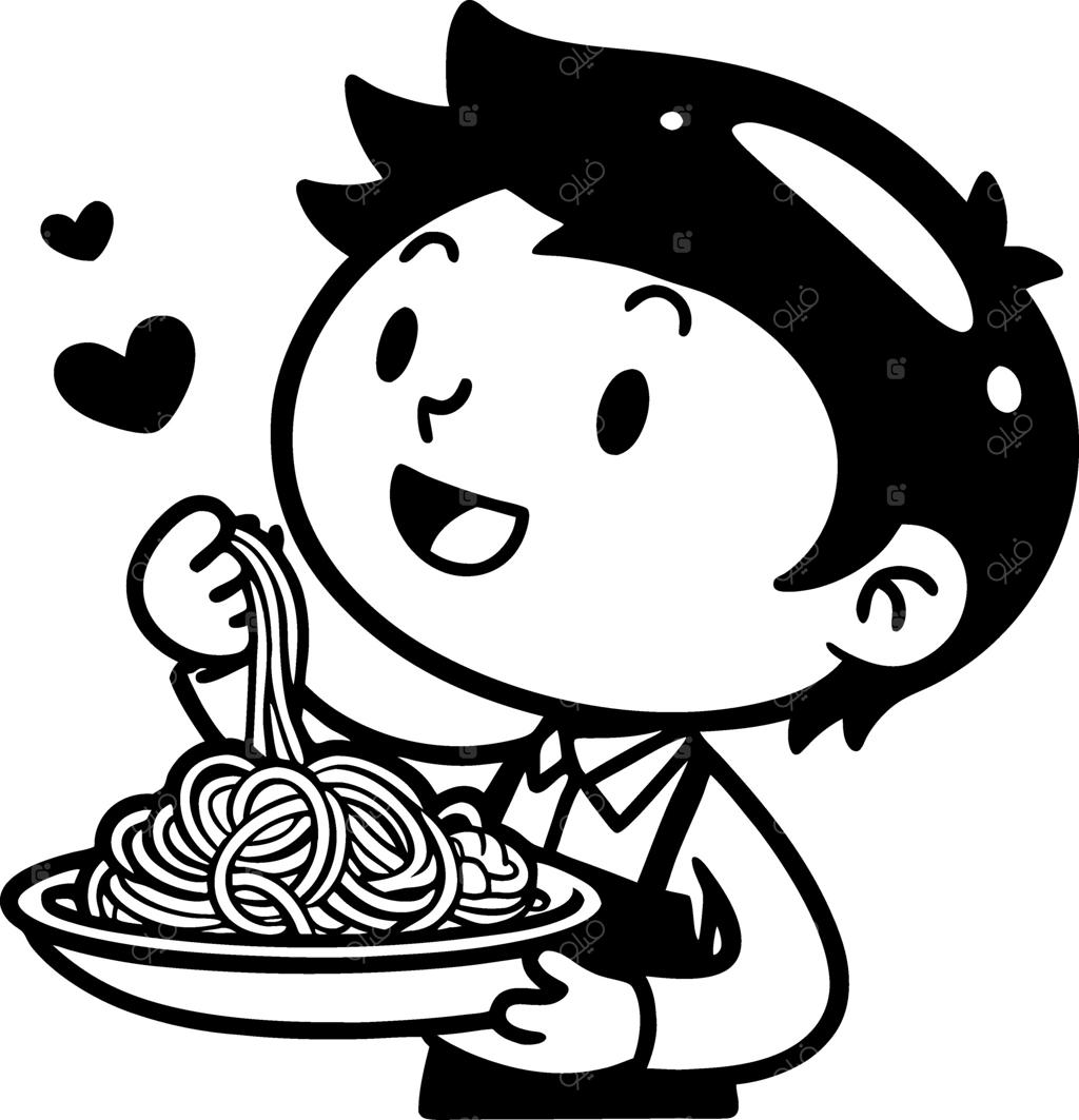 پسربچه شاد در حال لذت بردن از پاستای خوشمزه با طرح‌های قلب و ابراز عشق و شادی