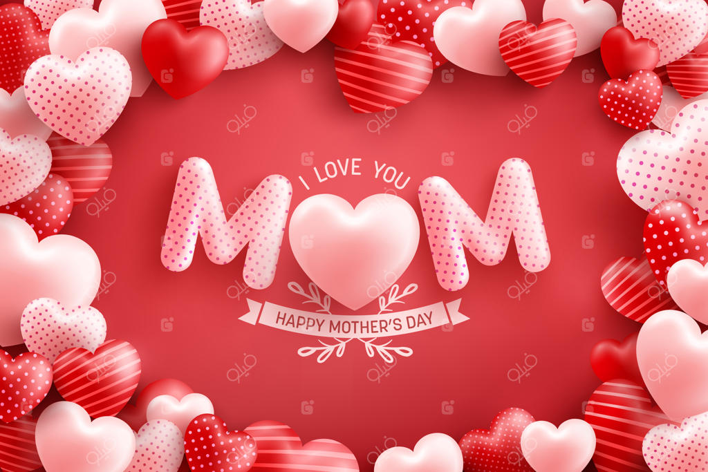 پوستر یا بنر روز مادر با قلب‌های زیاد و پس‌زمینه قرمز: قالب تبلیغات و خرید برای مفهوم عشق و روز مادر