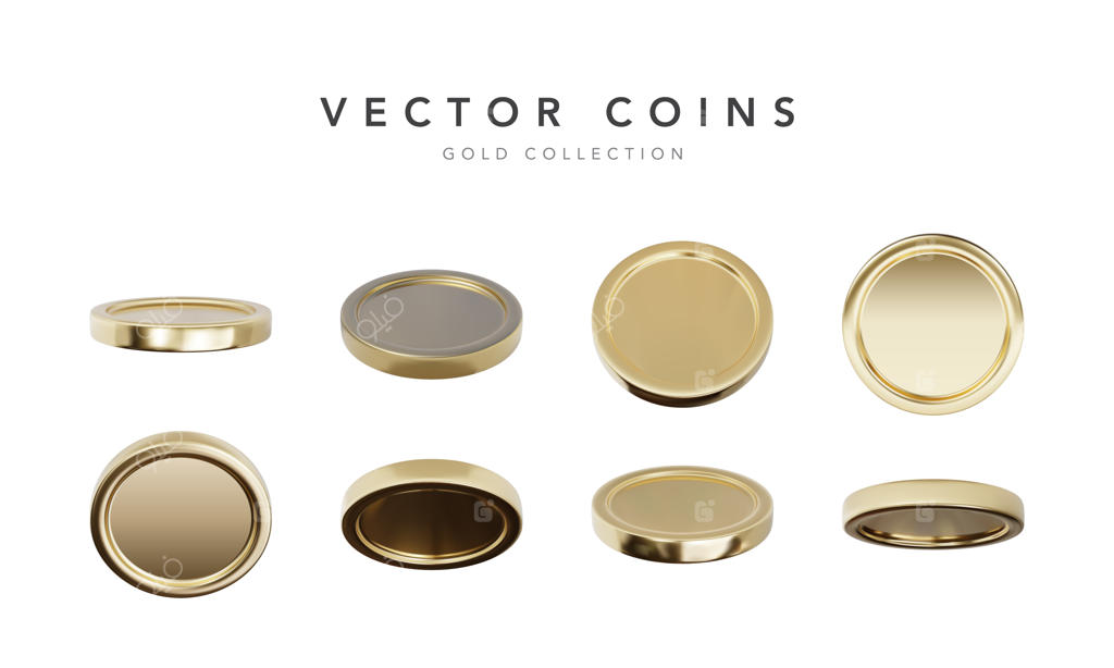 تصویر مجموعه سکه‌های طلای خالی در موقعیت‌های مختلف روی پس‌زمینه سفید