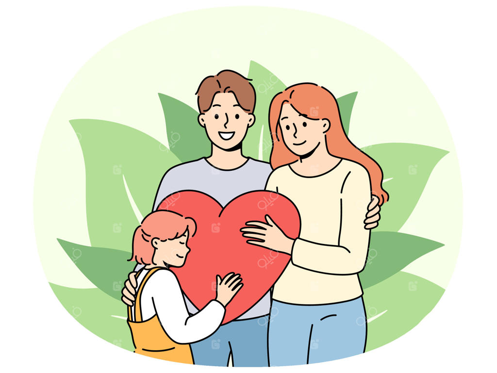 خانواده قوی با والدین مهربان و دختربچه‌ای که قلب بزرگی را در آغوش گرفته‌اند.