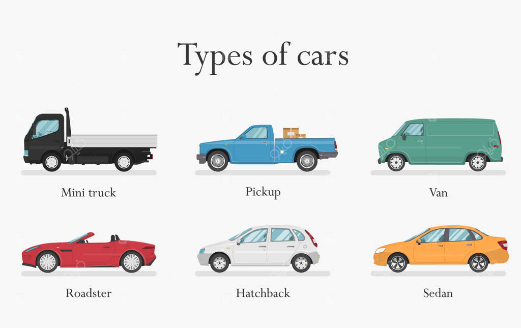 انواع خودروها: طراحی حمل و نقل بر روی پس‌زمینه سفید، تصویرسازی.