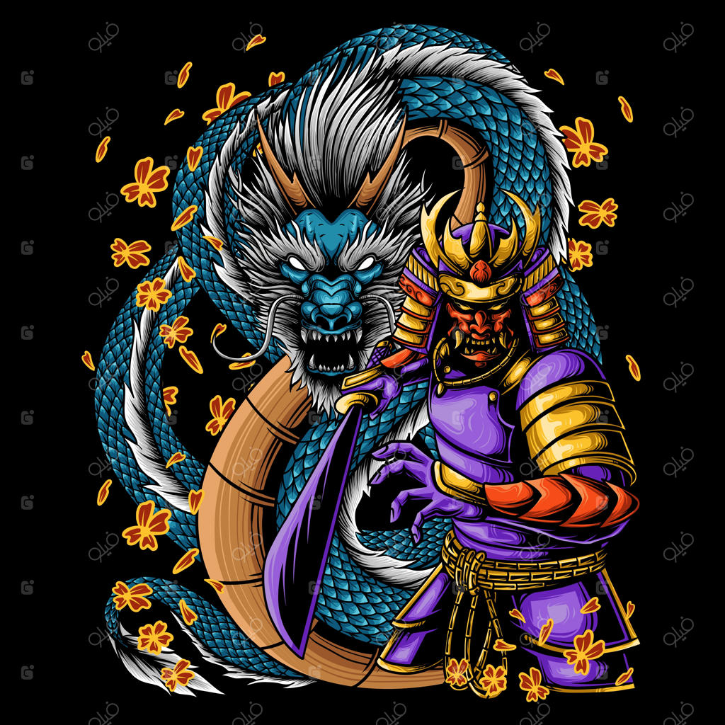 تصویر برداری از سامورایی ژاپنی با اژدها