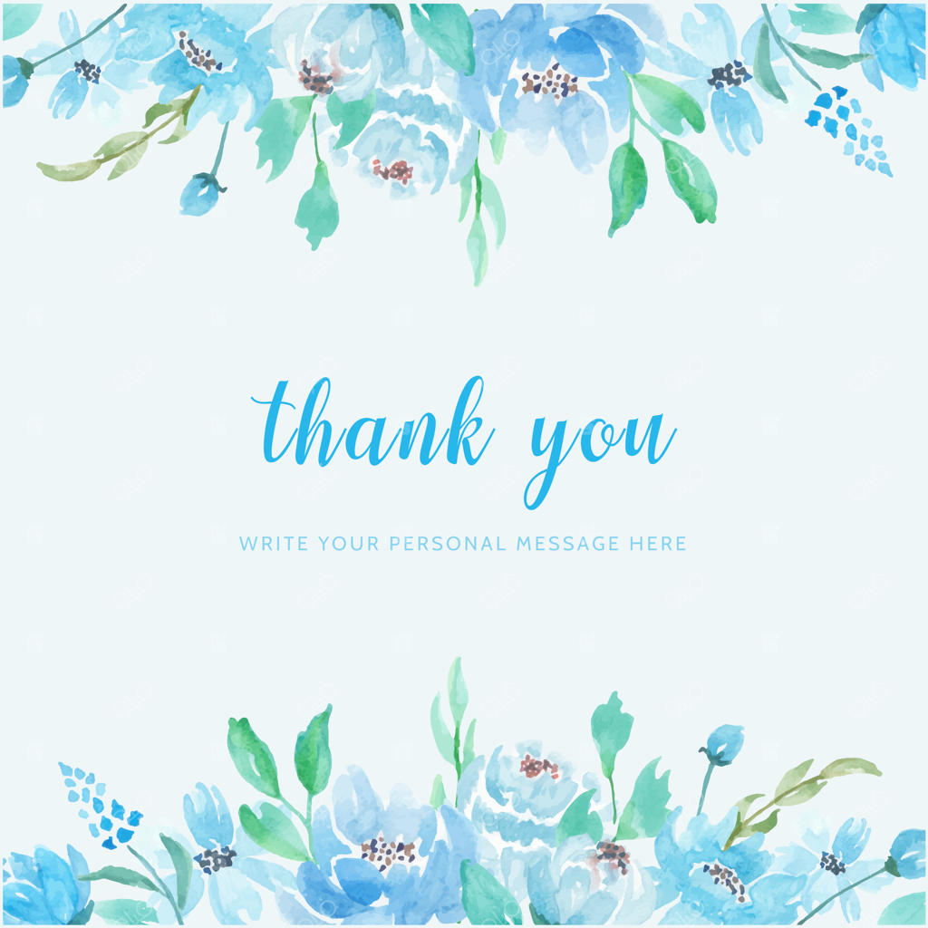 کارت تشکر با پس زمینه گل آبی رنگ آبرنگی