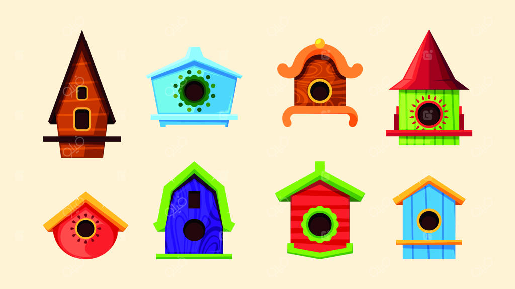 خانه پرندگان چوبی در باغ با نرده تزئینی برای پرندگان در حال پرواز - تصاویر رنگارنگ و کارتونی