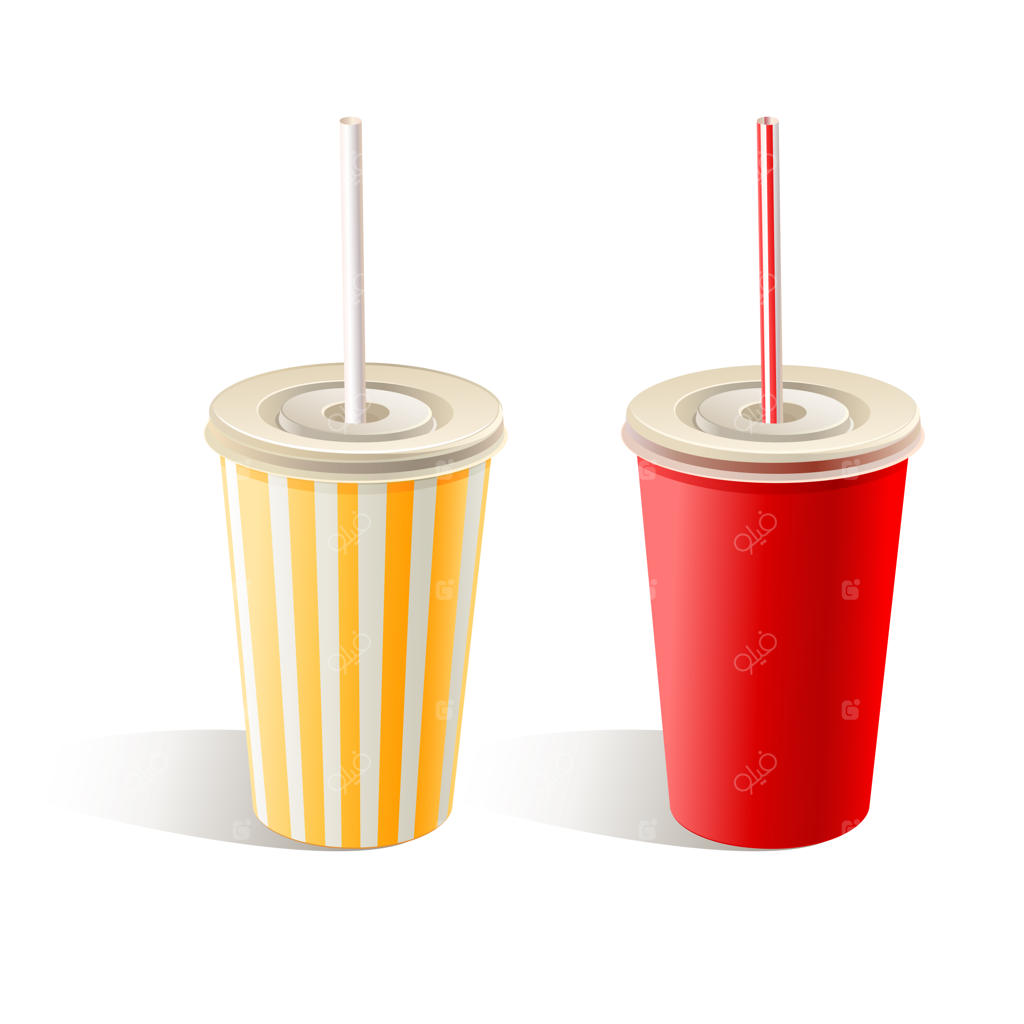 دو لیوان کاغذی فست فود با نی روی پس‌زمینه سفید. تصویرسازی