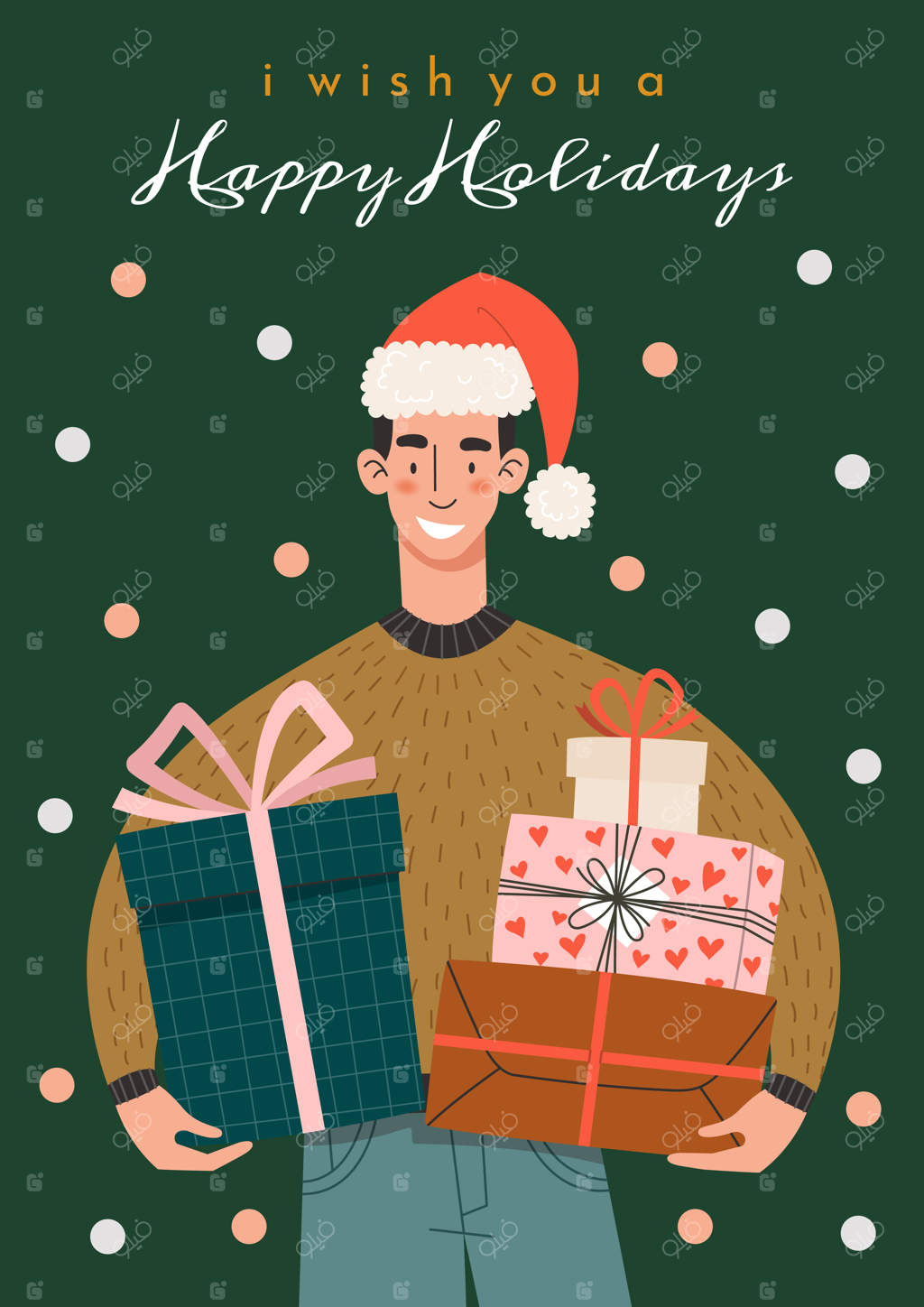 مرد جوانی با هدایا فرا رسیدن عید را تبریک می‌گوید.